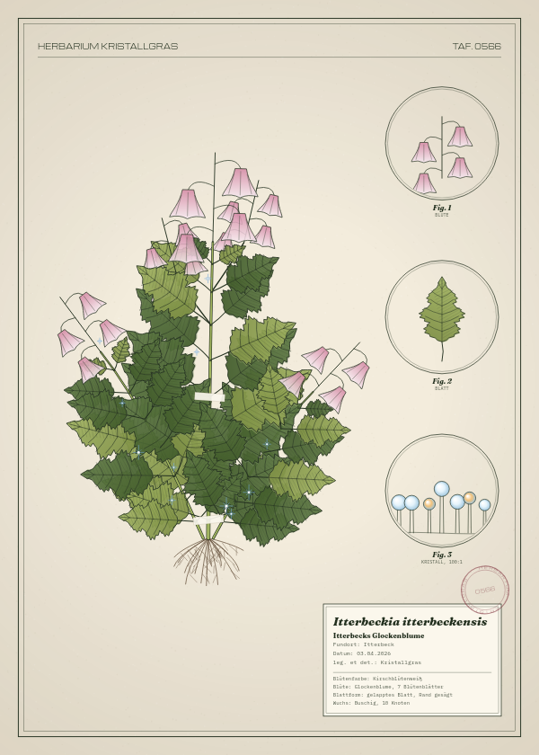 Botanische Tafel: Itterbeckia itterbeckensis, eine erfundene Pflanze aus Itterbeck, gezeichnet wie in einem alten Pflanzenatlas