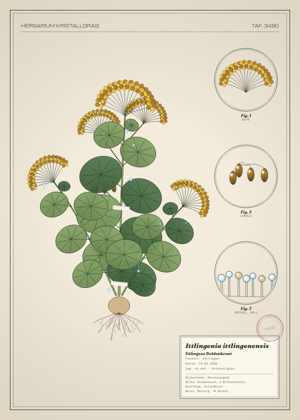 Botanische Tafel: Ittlingenia ittlingenensis, eine erfundene Pflanze aus Ittlingen, gezeichnet wie in einem alten Pflanzenatlas