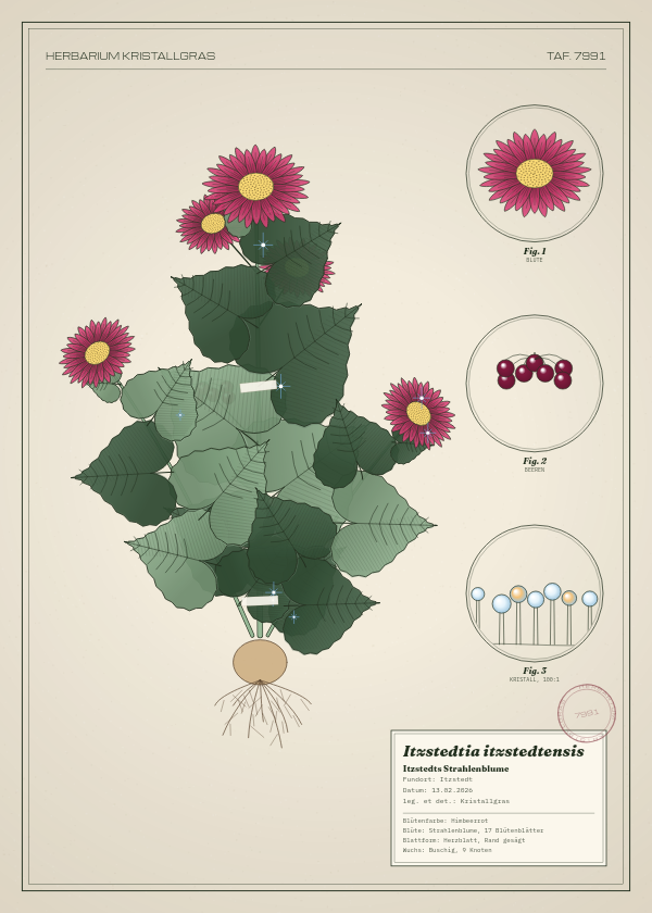 Botanische Tafel: Itzstedtia itzstedtensis, eine erfundene Pflanze aus Itzstedt, gezeichnet wie in einem alten Pflanzenatlas