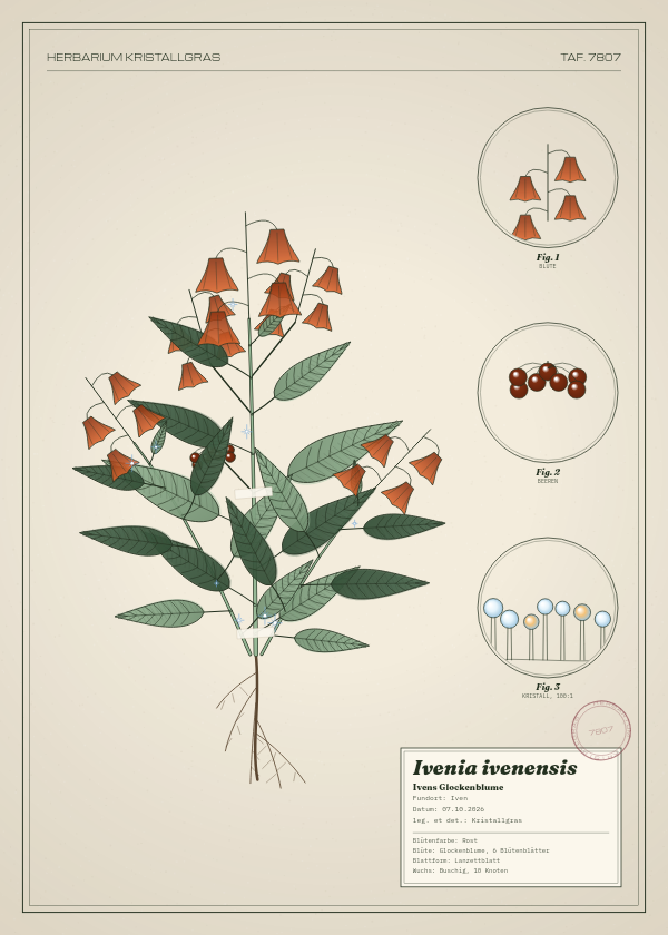 Botanische Tafel: Ivenia ivenensis, eine erfundene Pflanze aus Iven, gezeichnet wie in einem alten Pflanzenatlas