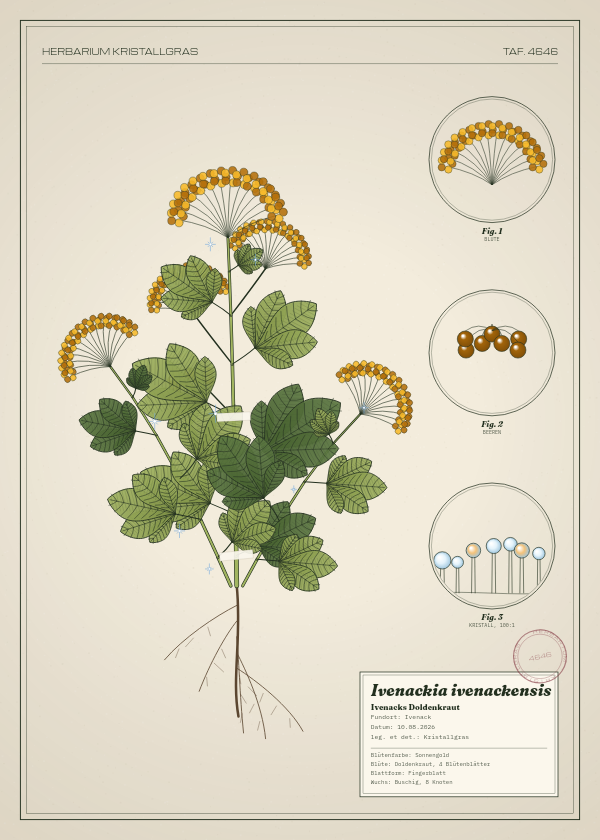 Botanische Tafel: Ivenackia ivenackensis, eine erfundene Pflanze aus Ivenack, gezeichnet wie in einem alten Pflanzenatlas