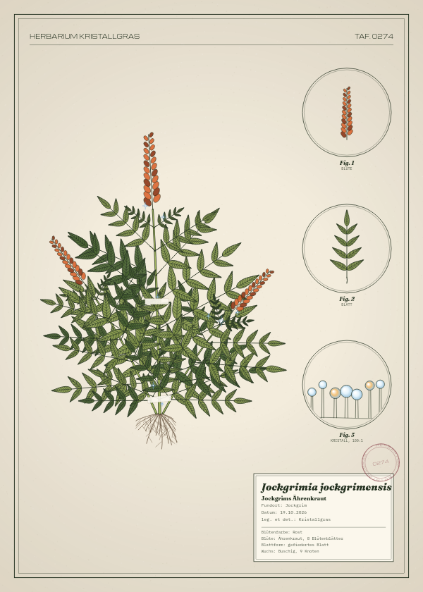 Botanische Tafel: Jockgrimia jockgrimensis, eine erfundene Pflanze aus Jockgrim, gezeichnet wie in einem alten Pflanzenatlas