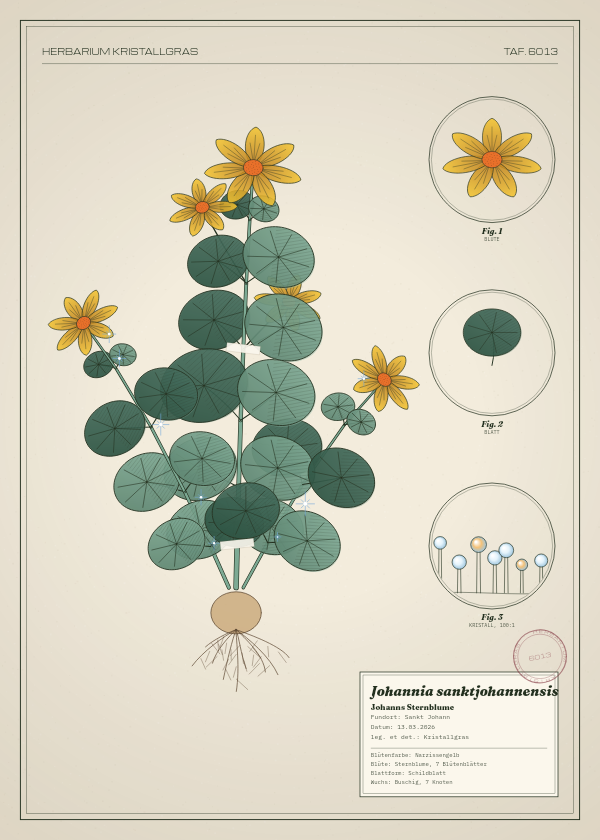 Botanische Tafel: Johannia sanktjohannensis, eine erfundene Pflanze aus Sankt Johann, gezeichnet wie in einem alten Pflanzenatlas