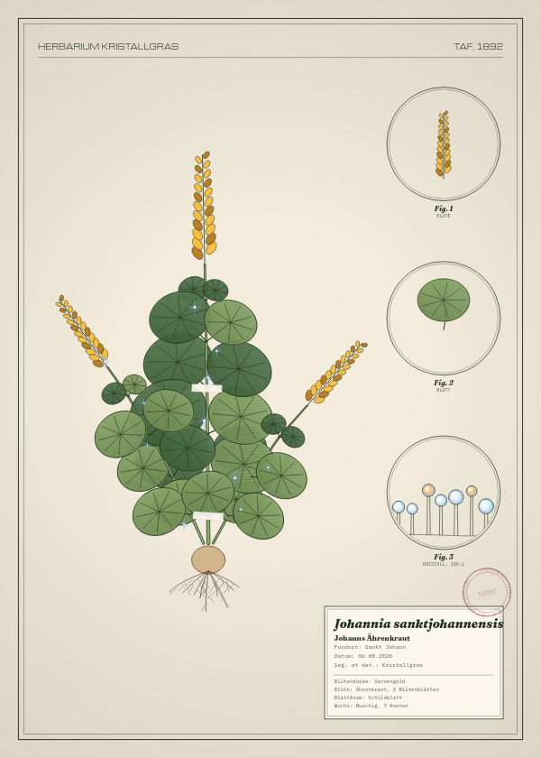 Botanische Tafel: Johannia sanktjohannensis, eine erfundene Pflanze aus Sankt Johann, gezeichnet wie in einem alten Pflanzenatlas