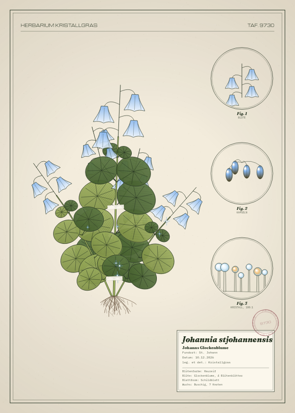 Botanische Tafel: Johannia stjohannensis, eine erfundene Pflanze aus St. Johann, gezeichnet wie in einem alten Pflanzenatlas