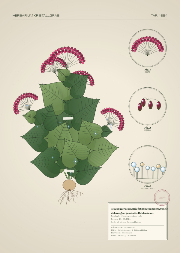 Botanische Tafel: Johanngeorgenstadtia johanngeorgenstadtensis, eine erfundene Pflanze aus Johanngeorgenstadt, gezeichnet wie in einem alten Pflanzenatlas