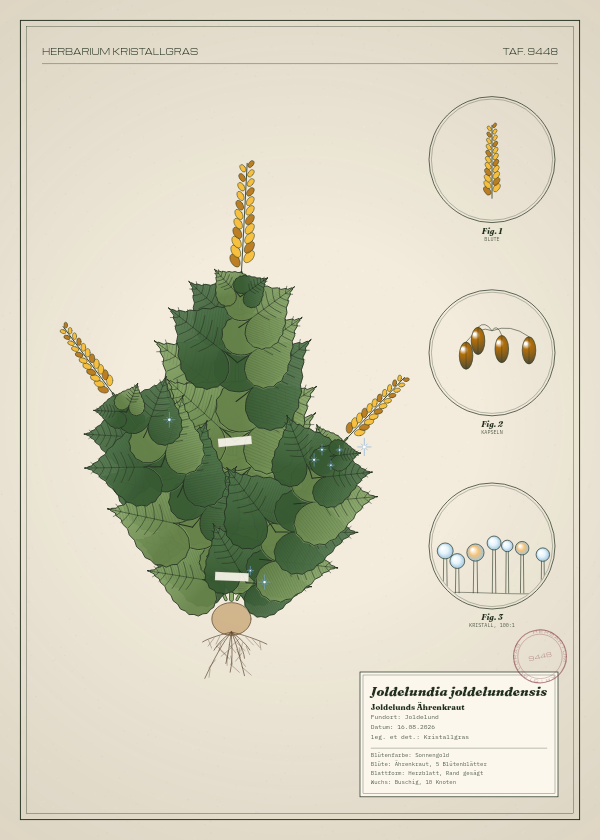 Botanische Tafel: Joldelundia joldelundensis, eine erfundene Pflanze aus Joldelund, gezeichnet wie in einem alten Pflanzenatlas