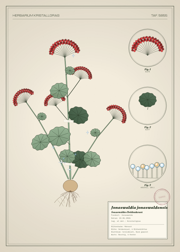 Botanische Tafel: Jonaswaldia jonaswaldensis, eine erfundene Pflanze aus Jonaswalde, gezeichnet wie in einem alten Pflanzenatlas