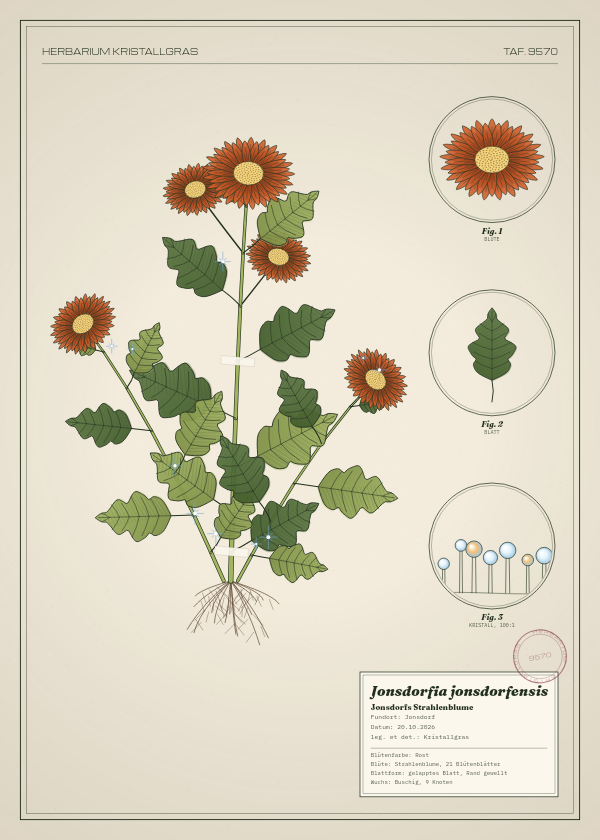 Botanische Tafel: Jonsdorfia jonsdorfensis, eine erfundene Pflanze aus Jonsdorf, gezeichnet wie in einem alten Pflanzenatlas