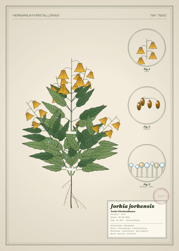 Botanische Tafel: Jorkia jorkensis, eine erfundene Pflanze aus Jork, gezeichnet wie in einem alten Pflanzenatlas