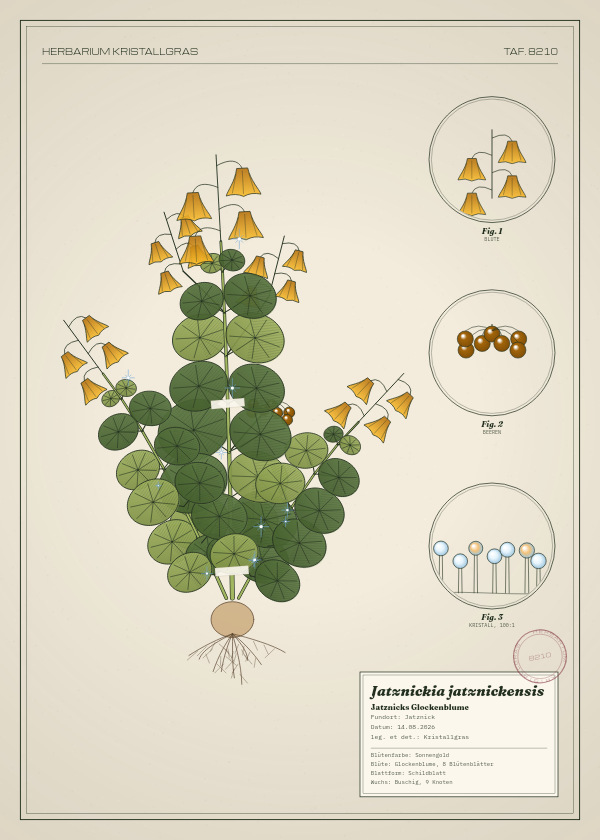 Botanische Tafel: Jatznickia jatznickensis, eine erfundene Pflanze aus Jatznick, gezeichnet wie in einem alten Pflanzenatlas