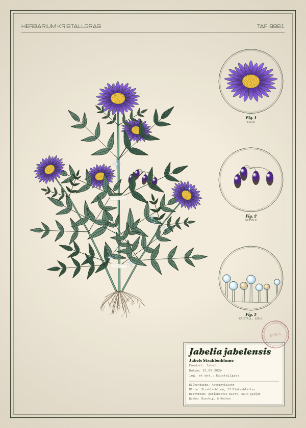 Botanische Tafel: Jabelia jabelensis, eine erfundene Pflanze aus Jabel, gezeichnet wie in einem alten Pflanzenatlas