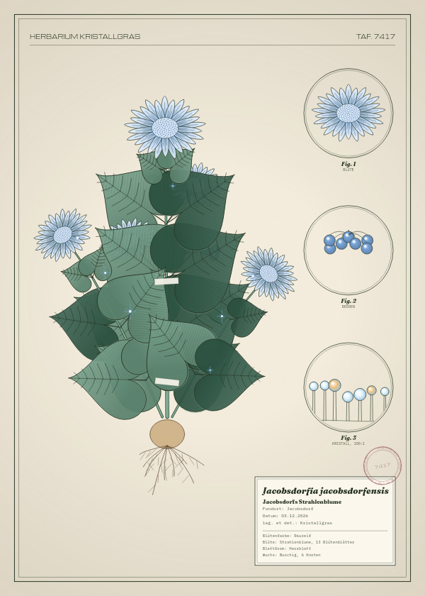 Botanische Tafel: Jacobsdorfia jacobsdorfensis, eine erfundene Pflanze aus Jacobsdorf, gezeichnet wie in einem alten Pflanzenatlas