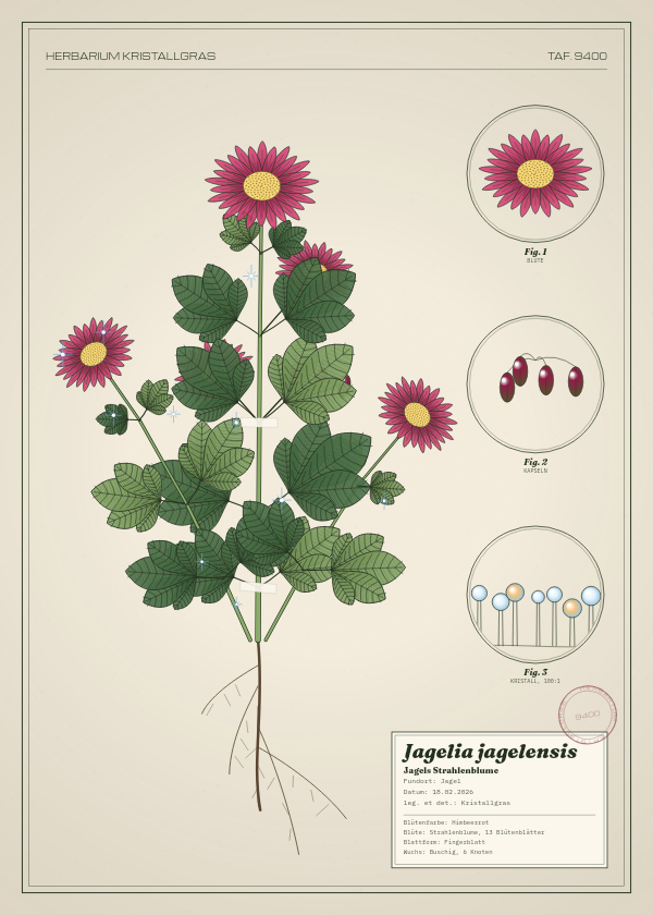 Botanische Tafel: Jagelia jagelensis, eine erfundene Pflanze aus Jagel, gezeichnet wie in einem alten Pflanzenatlas