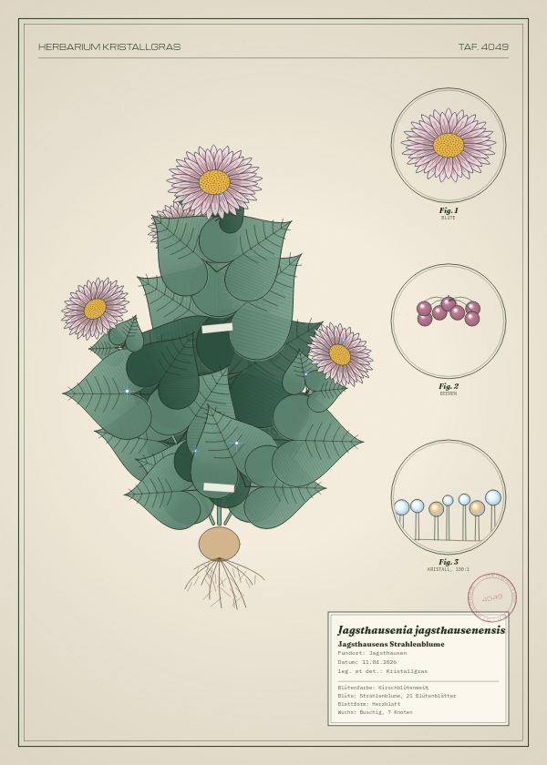 Botanische Tafel: Jagsthausenia jagsthausenensis, eine erfundene Pflanze aus Jagsthausen, gezeichnet wie in einem alten Pflanzenatlas