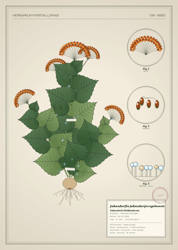 Botanische Tafel: Jahnsdorfia jahnsdorferzgebensis, eine erfundene Pflanze aus Jahnsdorf/Erzgeb., gezeichnet wie in einem alten Pflanzenatlas