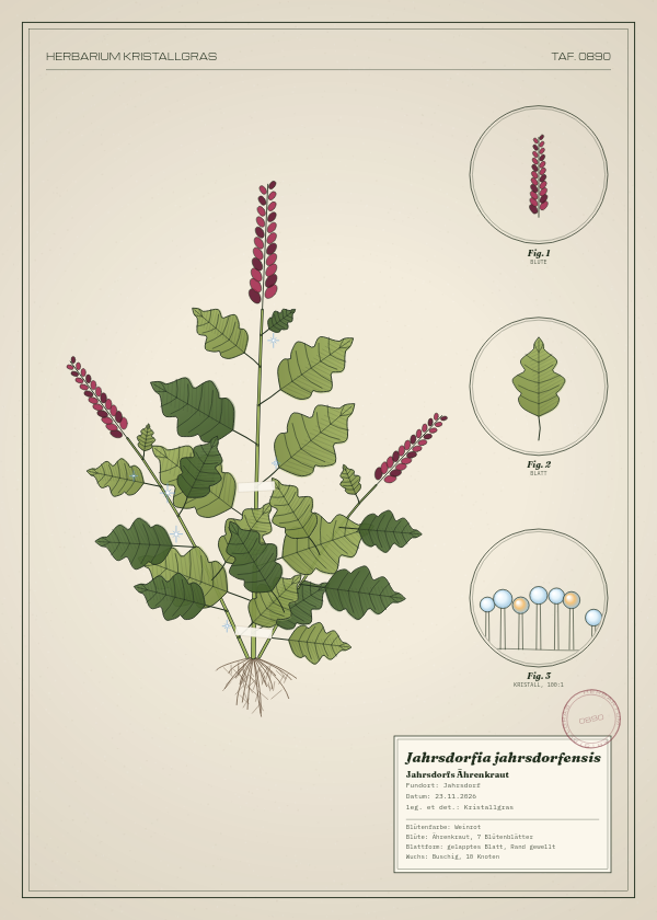 Botanische Tafel: Jahrsdorfia jahrsdorfensis, eine erfundene Pflanze aus Jahrsdorf, gezeichnet wie in einem alten Pflanzenatlas