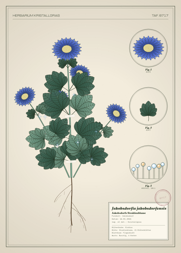 Botanische Tafel: Jakobsdorfia jakobsdorfensis, eine erfundene Pflanze aus Jakobsdorf, gezeichnet wie in einem alten Pflanzenatlas