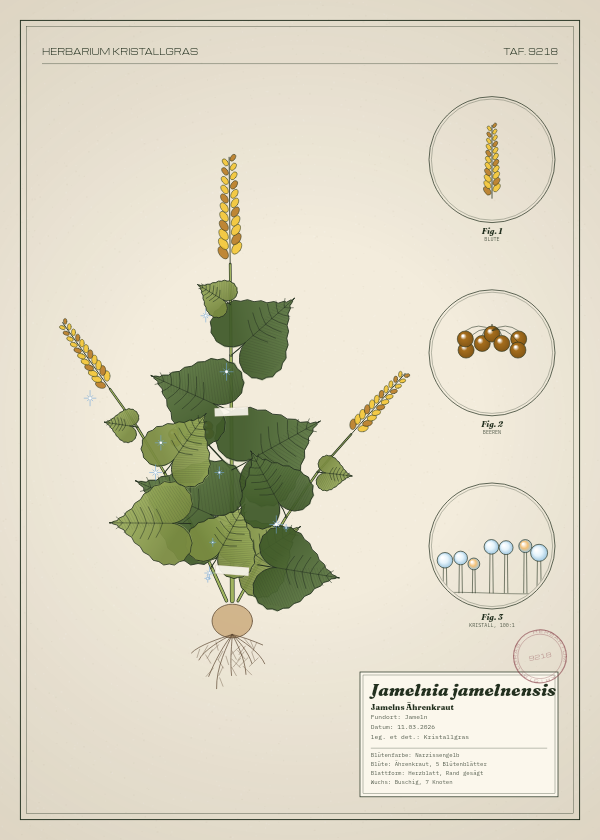 Botanische Tafel: Jamelnia jamelnensis, eine erfundene Pflanze aus Jameln, gezeichnet wie in einem alten Pflanzenatlas