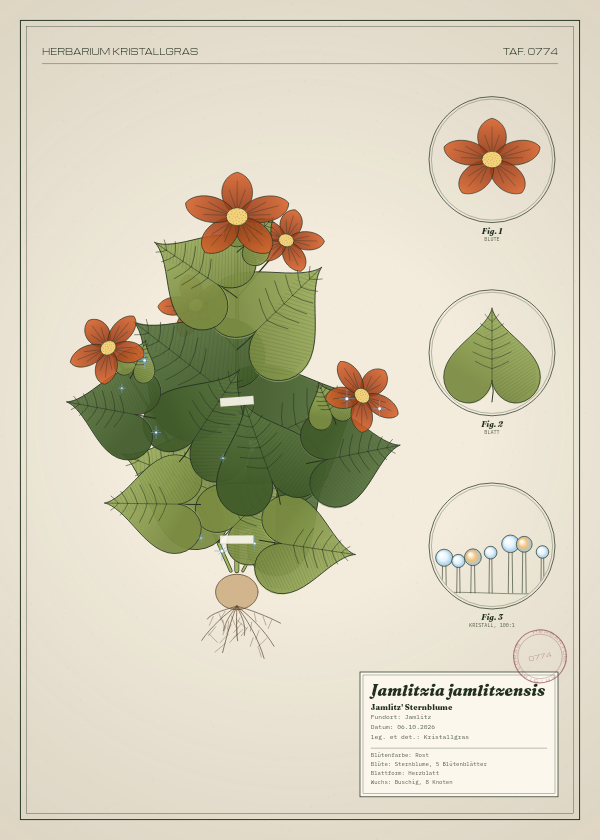 Botanische Tafel: Jamlitzia jamlitzensis, eine erfundene Pflanze aus Jamlitz, gezeichnet wie in einem alten Pflanzenatlas