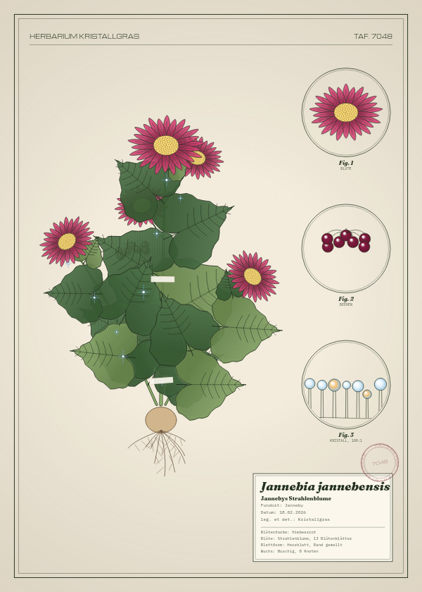 Botanische Tafel: Jannebia jannebensis, eine erfundene Pflanze aus Janneby, gezeichnet wie in einem alten Pflanzenatlas
