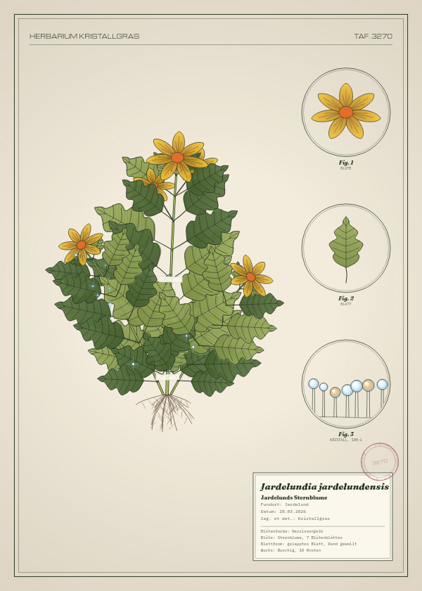 Botanische Tafel: Jardelundia jardelundensis, eine erfundene Pflanze aus Jardelund, gezeichnet wie in einem alten Pflanzenatlas