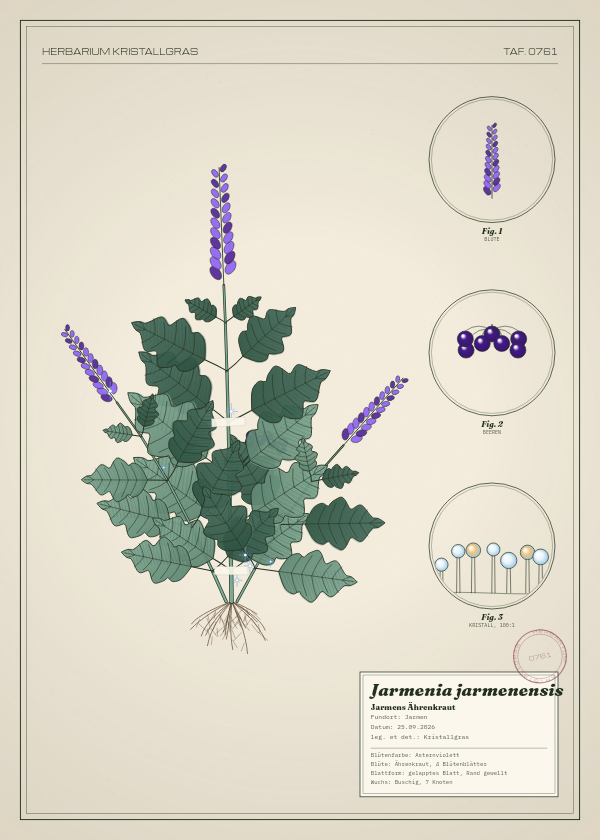 Botanische Tafel: Jarmenia jarmenensis, eine erfundene Pflanze aus Jarmen, gezeichnet wie in einem alten Pflanzenatlas