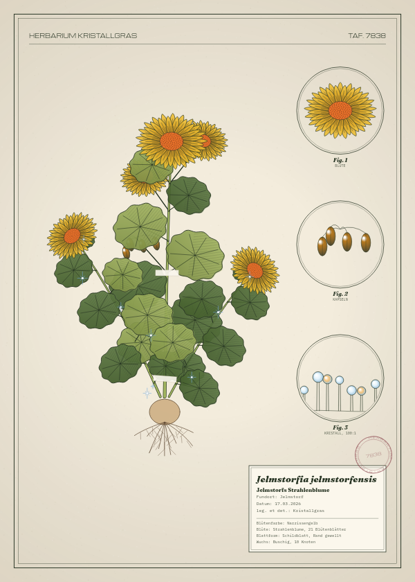 Botanische Tafel: Jelmstorfia jelmstorfensis, eine erfundene Pflanze aus Jelmstorf, gezeichnet wie in einem alten Pflanzenatlas