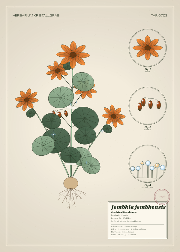 Botanische Tafel: Jembkia jembkensis, eine erfundene Pflanze aus Jembke, gezeichnet wie in einem alten Pflanzenatlas