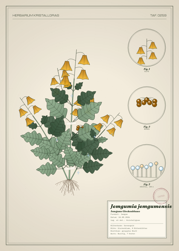 Botanische Tafel: Jemgumia jemgumensis, eine erfundene Pflanze aus Jemgum, gezeichnet wie in einem alten Pflanzenatlas