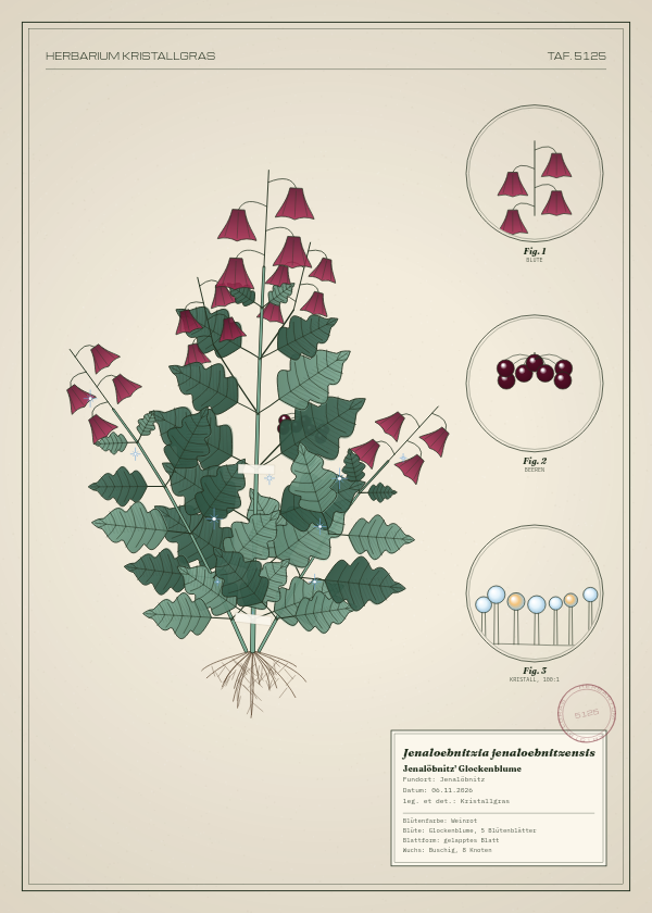 Botanische Tafel: Jenaloebnitzia jenaloebnitzensis, eine erfundene Pflanze aus Jenalöbnitz, gezeichnet wie in einem alten Pflanzenatlas