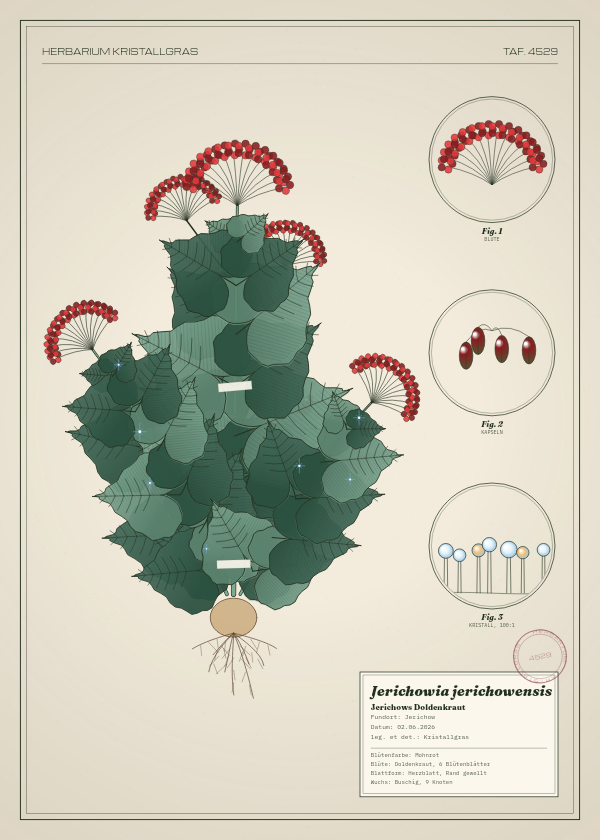 Botanische Tafel: Jerichowia jerichowensis, eine erfundene Pflanze aus Jerichow, gezeichnet wie in einem alten Pflanzenatlas