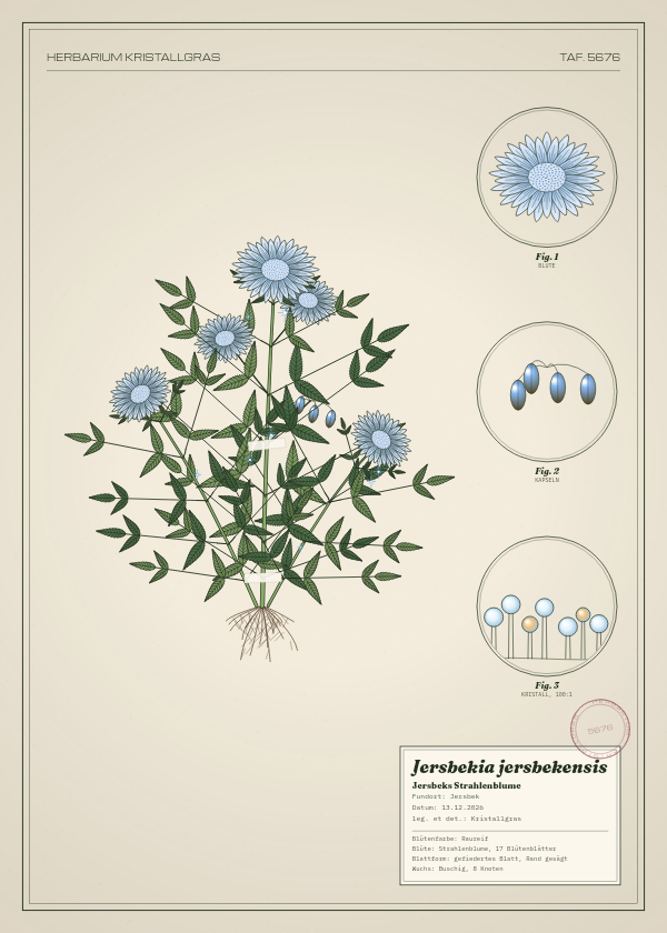 Botanische Tafel: Jersbekia jersbekensis, eine erfundene Pflanze aus Jersbek, gezeichnet wie in einem alten Pflanzenatlas