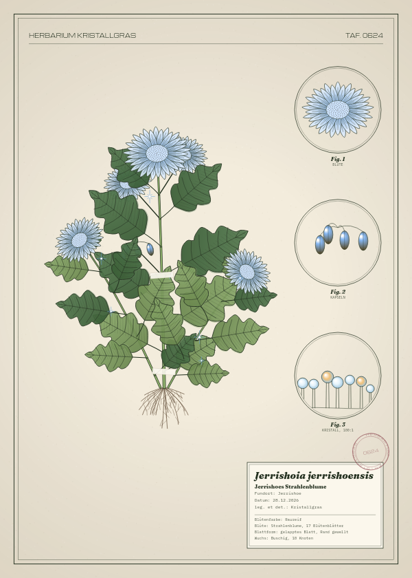 Botanische Tafel: Jerrishoia jerrishoensis, eine erfundene Pflanze aus Jerrishoe, gezeichnet wie in einem alten Pflanzenatlas