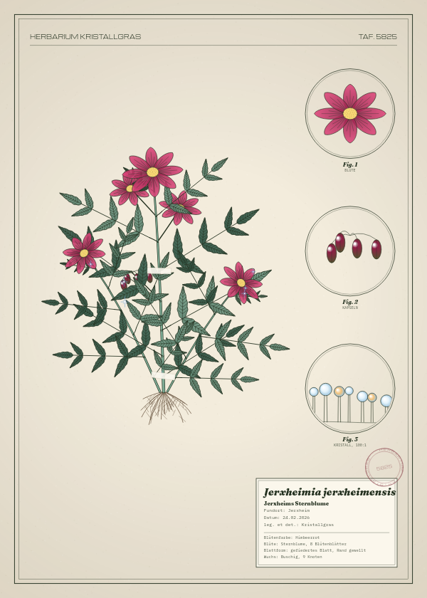 Botanische Tafel: Jerxheimia jerxheimensis, eine erfundene Pflanze aus Jerxheim, gezeichnet wie in einem alten Pflanzenatlas
