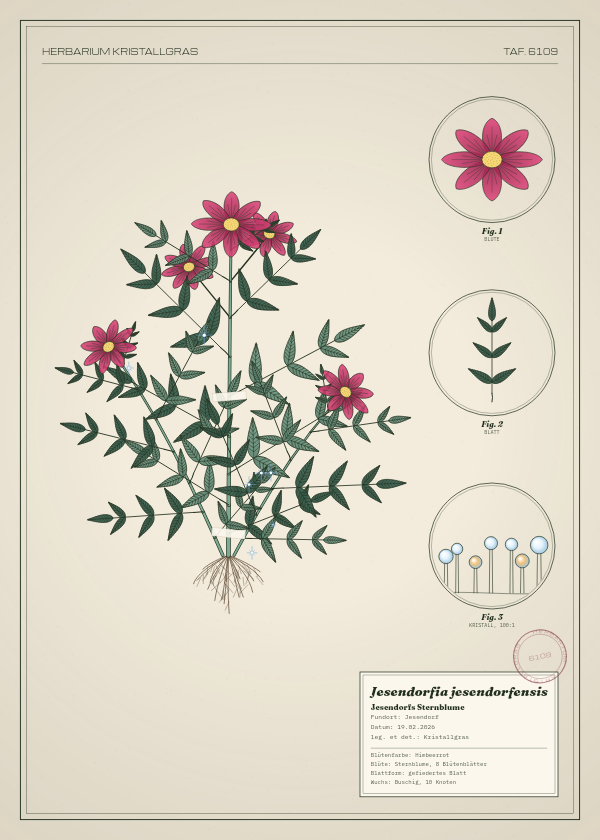 Botanische Tafel: Jesendorfia jesendorfensis, eine erfundene Pflanze aus Jesendorf, gezeichnet wie in einem alten Pflanzenatlas