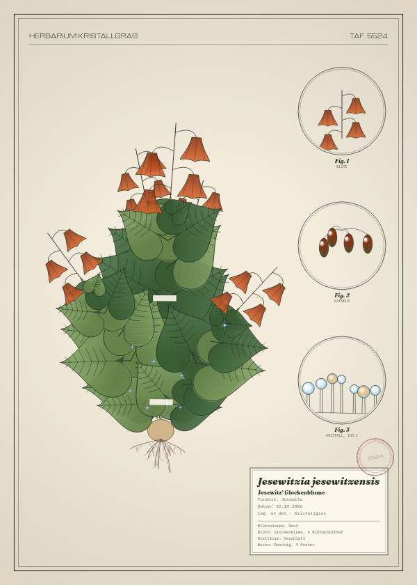 Botanische Tafel: Jesewitzia jesewitzensis, eine erfundene Pflanze aus Jesewitz, gezeichnet wie in einem alten Pflanzenatlas