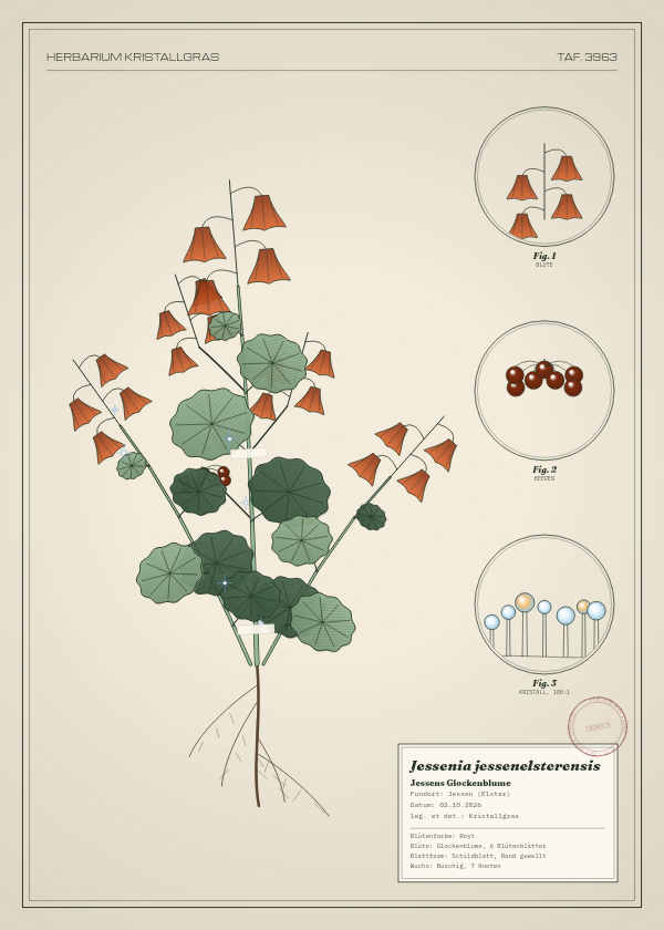Botanische Tafel: Jessenia jessenelsterensis, eine erfundene Pflanze aus Jessen (Elster), gezeichnet wie in einem alten Pflanzenatlas