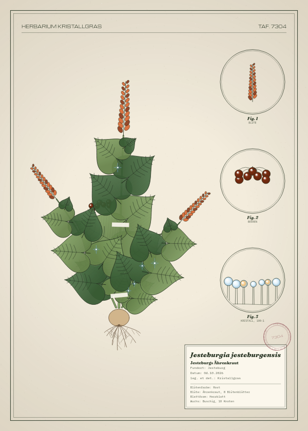 Botanische Tafel: Jesteburgia jesteburgensis, eine erfundene Pflanze aus Jesteburg, gezeichnet wie in einem alten Pflanzenatlas