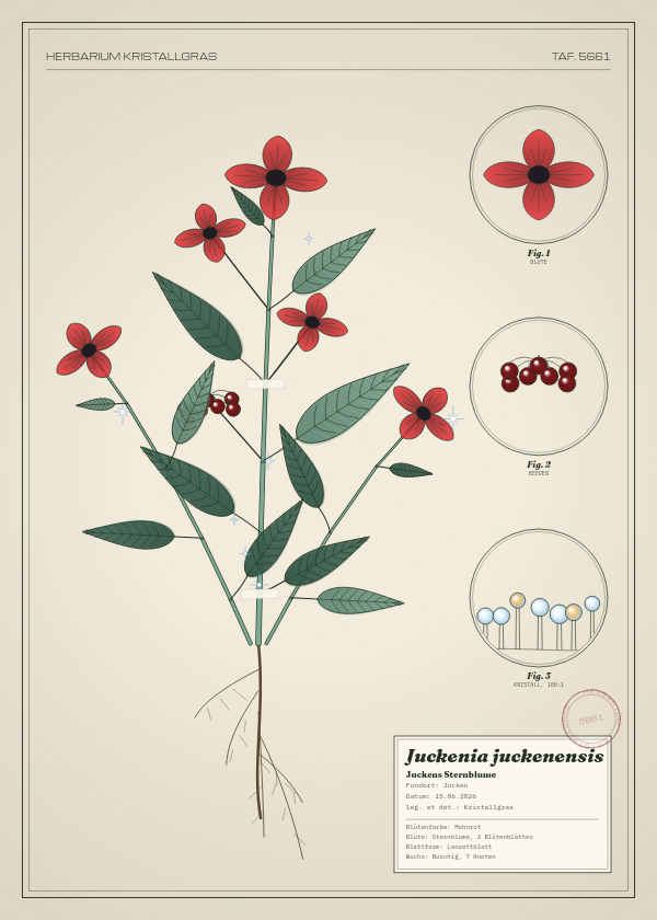 Botanische Tafel: Juckenia juckenensis, eine erfundene Pflanze aus Jucken, gezeichnet wie in einem alten Pflanzenatlas