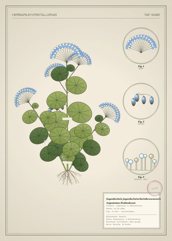 Botanische Tafel: Jugenheimia jugenheiminrheinhessenensis, eine erfundene Pflanze aus Jugenheim in Rheinhessen, gezeichnet wie in einem alten Pflanzenatlas