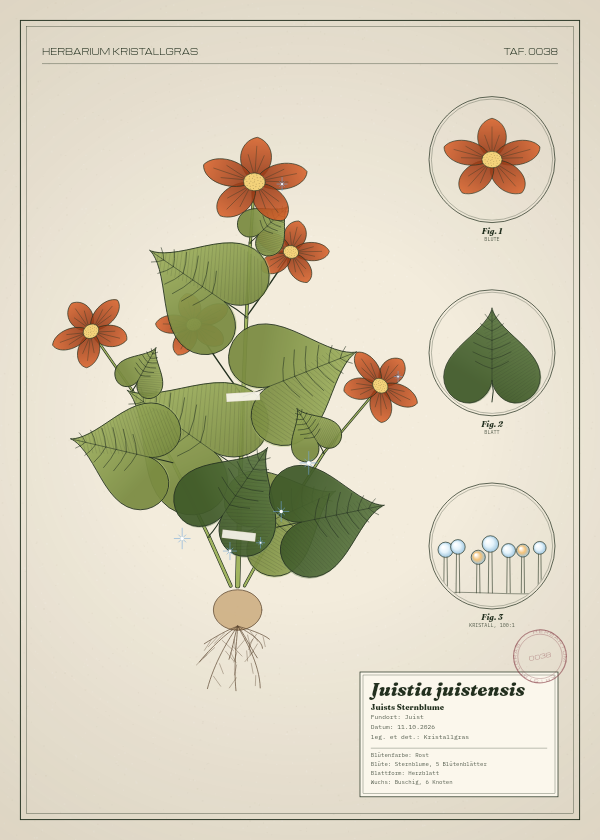 Botanische Tafel: Juistia juistensis, eine erfundene Pflanze aus Juist, gezeichnet wie in einem alten Pflanzenatlas