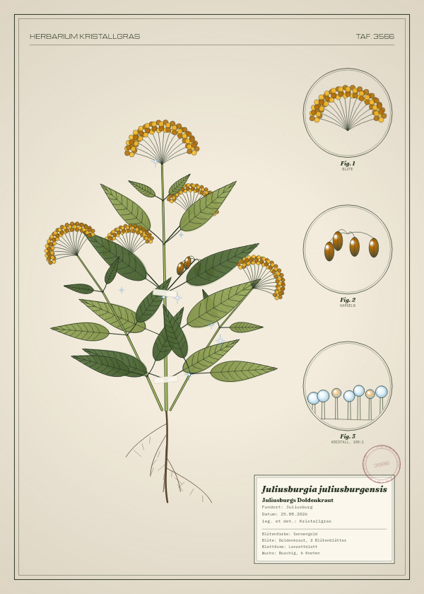 Botanische Tafel: Juliusburgia juliusburgensis, eine erfundene Pflanze aus Juliusburg, gezeichnet wie in einem alten Pflanzenatlas