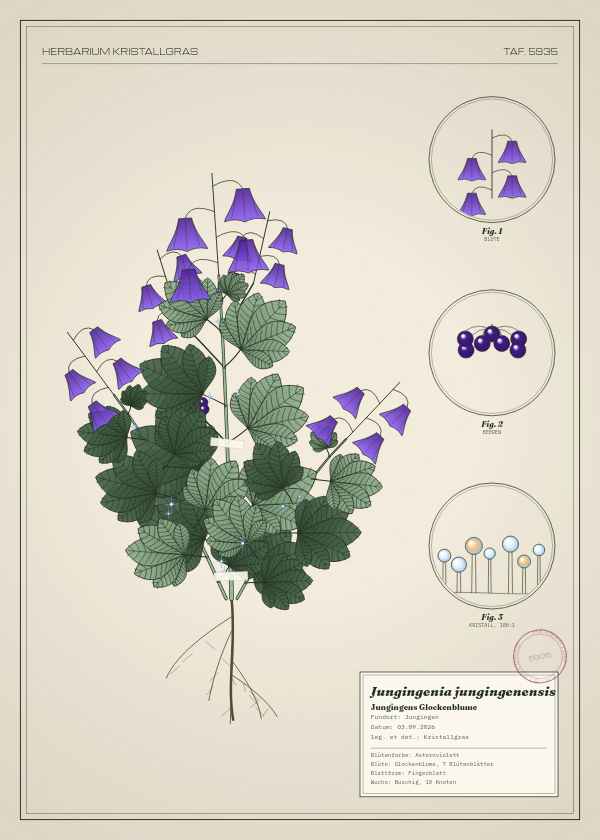 Botanische Tafel: Jungingenia jungingenensis, eine erfundene Pflanze aus Jungingen, gezeichnet wie in einem alten Pflanzenatlas