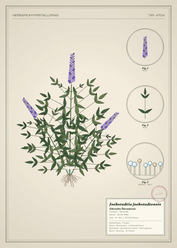 Botanische Tafel: Joehstadtia joehstadtensis, eine erfundene Pflanze aus Jöhstadt, gezeichnet wie in einem alten Pflanzenatlas