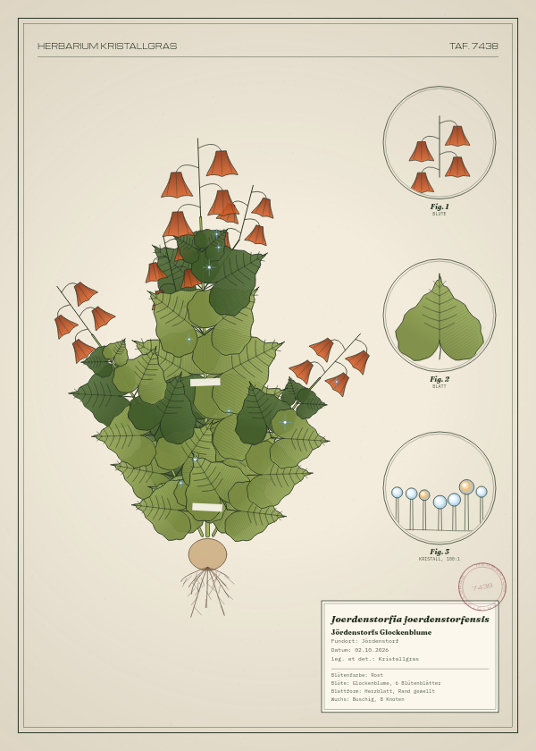 Botanische Tafel: Joerdenstorfia joerdenstorfensis, eine erfundene Pflanze aus Jördenstorf, gezeichnet wie in einem alten Pflanzenatlas
