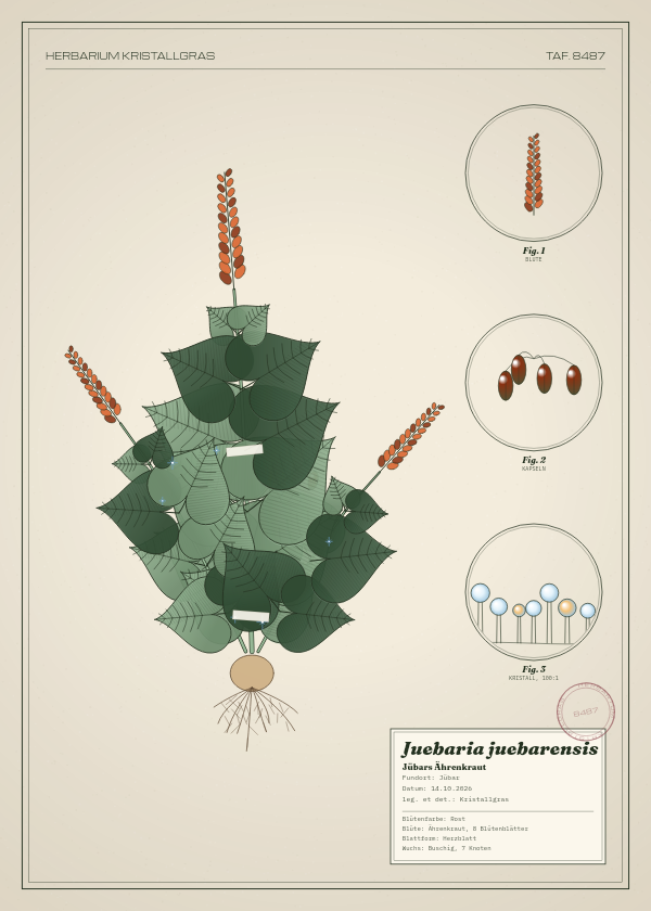 Botanische Tafel: Juebaria juebarensis, eine erfundene Pflanze aus Jübar, gezeichnet wie in einem alten Pflanzenatlas