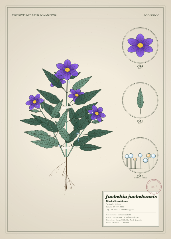 Botanische Tafel: Juebekia juebekensis, eine erfundene Pflanze aus Jübek, gezeichnet wie in einem alten Pflanzenatlas