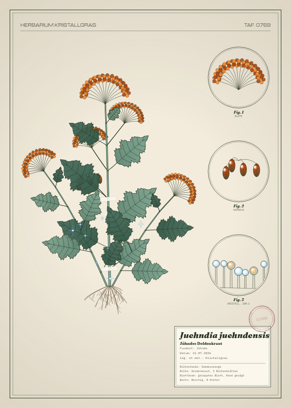 Botanische Tafel: Juehndia juehndensis, eine erfundene Pflanze aus Jühnde, gezeichnet wie in einem alten Pflanzenatlas