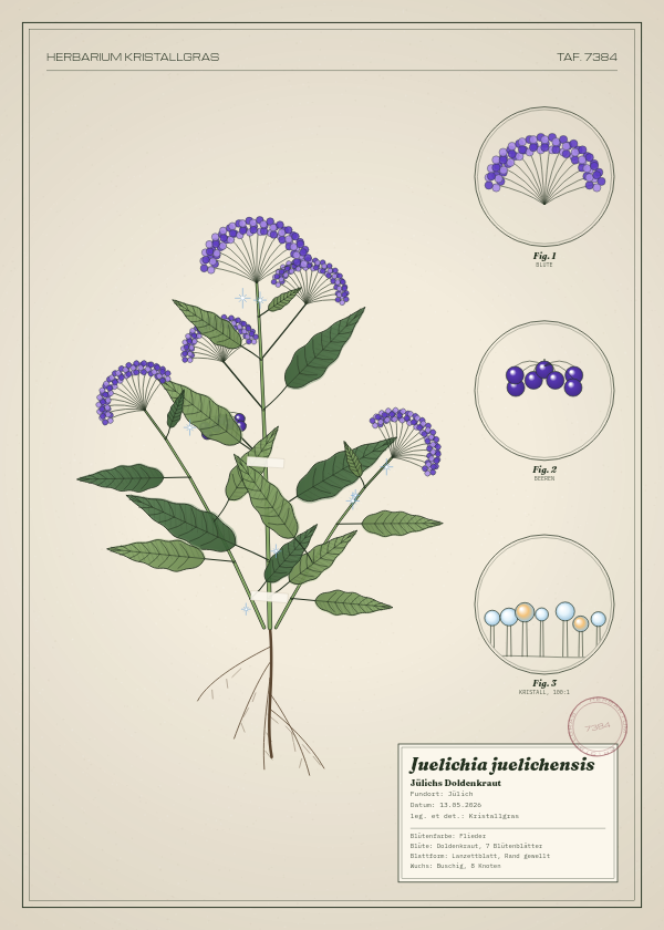 Botanische Tafel: Juelichia juelichensis, eine erfundene Pflanze aus Jülich, gezeichnet wie in einem alten Pflanzenatlas